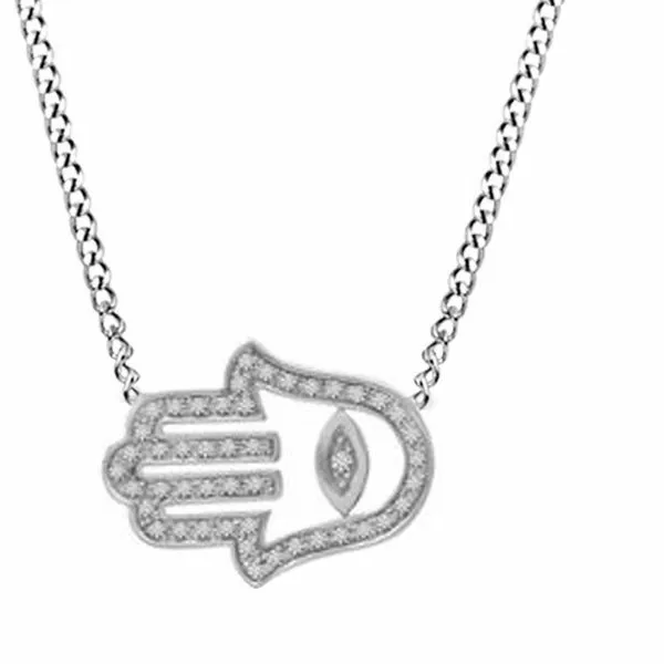 Authentic Radiant Sanctuary 1/7 Ct Natural Diamond Hamsa Hand Necklace in 14K White Gold Plated Sterling