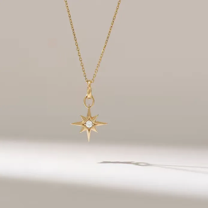 Authentic 0.10CT Round Moissanite North Star Dainty Compass Necklace 18kYellow Gold Plated