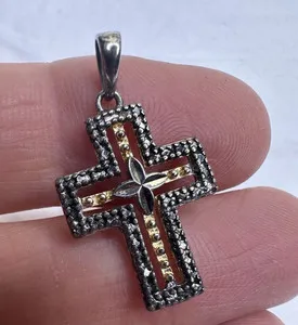 Authentic Sterling Silver Cross Charm Texture Gold Plated Intricate Open Religious 925