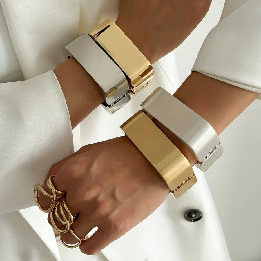 Authentic Trendy Personality Metallic Texture Geometric Square Mirror Surface Spring Bangles for Women Designer Bracelet Punk Jewelry Gift