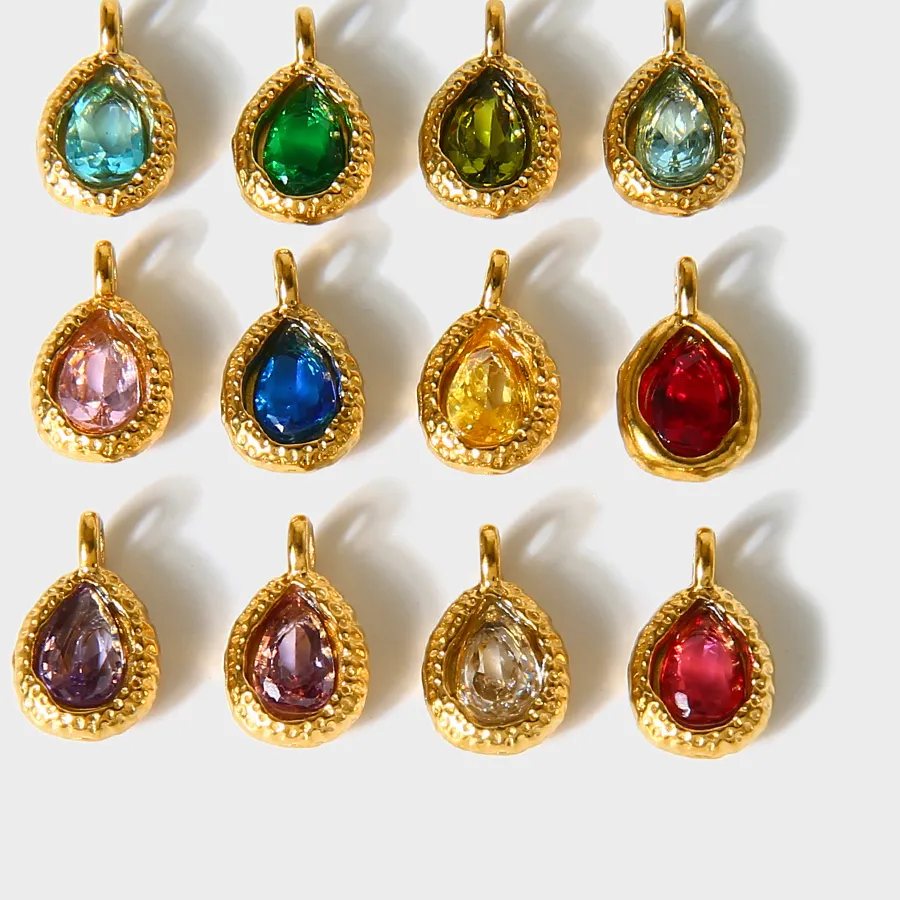 Authentic Colorful Teardrop Cubic Zirconia Pendant Hammered Texture 18K Gold Plated Stainless Steel DIY Jewelry Making Accessories