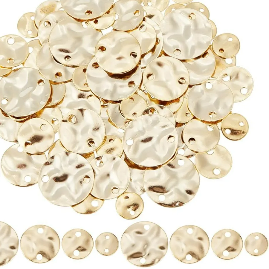Authentic 80Pcs 24K Gold Plated Flat Round Links Connector Twist Textured Round Links Brass Blank Tag Connector Charms 4 Sizes making kit