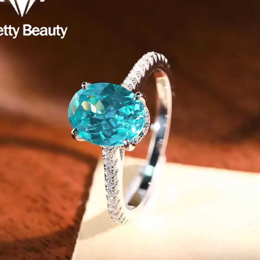 Authentic Pretty Beauty 2Ct Oval Paraiba Ring 925 Silver Neon Blue Green Gemstone Ring With Moissanite Accent Jewelry