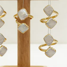 Authentic Wt- R325 Wkt Gold Ring Elegant For Geometric Elements Style Double Adjustable Pearl Ring Jewelry