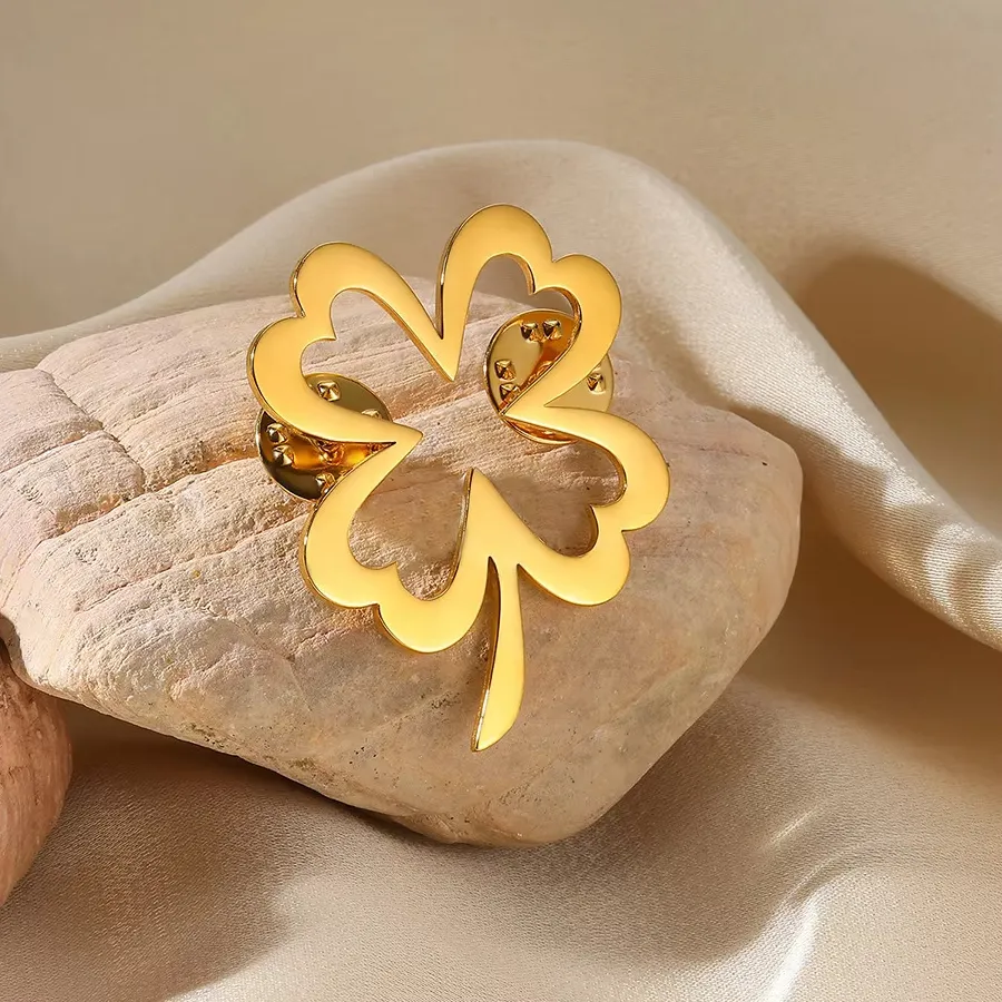 Authentic Stainless Steel 18k Gold PVD Plated Four Leaves Flower Brooch Pin Clothes Accessories Waterproof Texture Charm Jewelry For Women