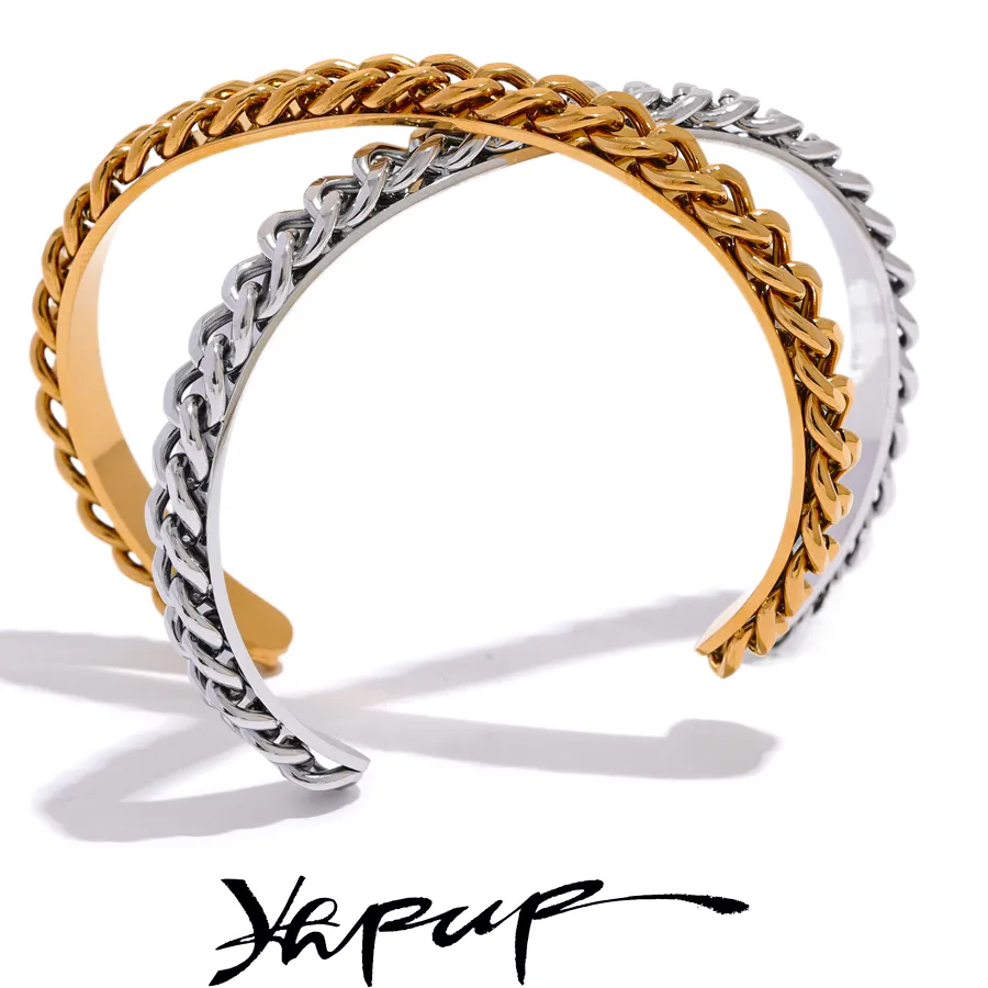Authentic Yhpup 316l Stainless Steel Handmade Polished Exquisite Cuff Bracelet Bangle Waterproof Metal Texture Fashion Charm Wrist Jewelry