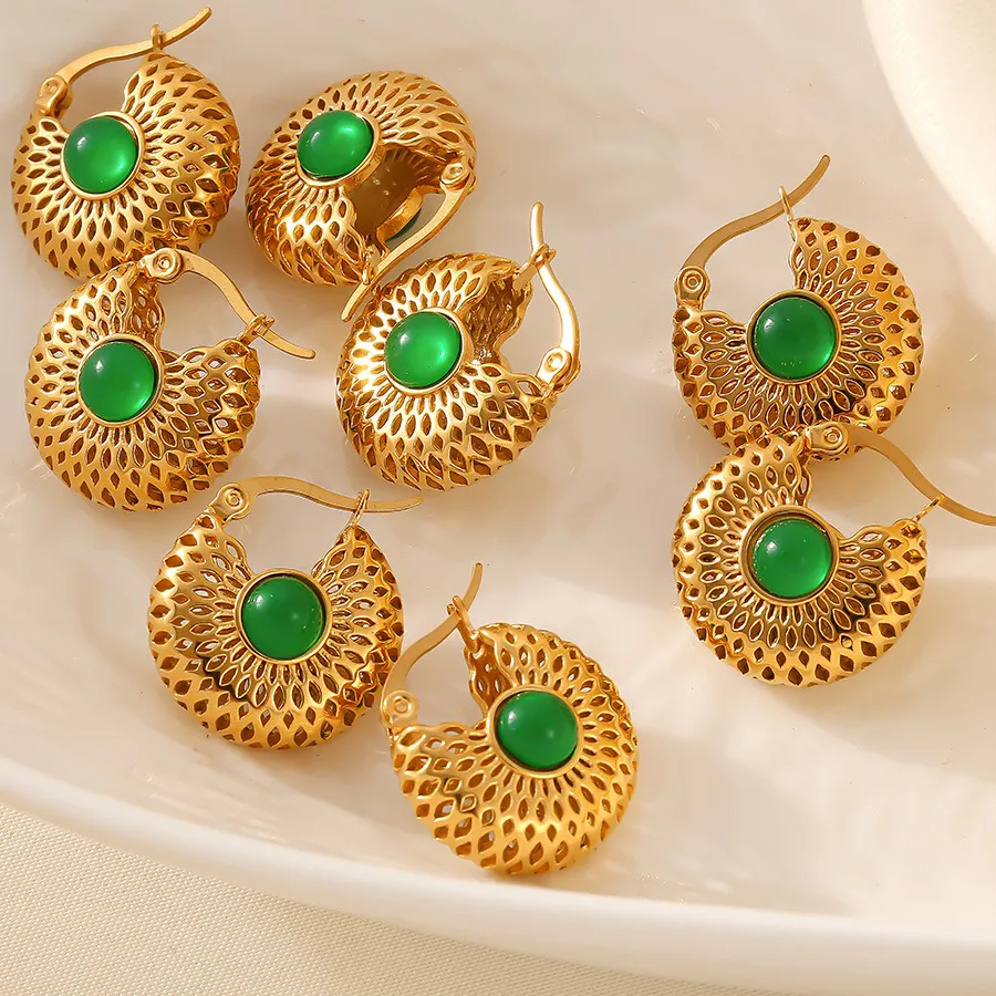 Authentic Emerald Echo: Green‑Beaded Gold‑Plated Retro Ear Charms