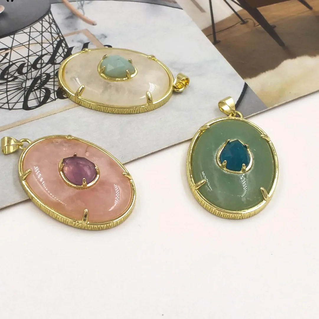 Authentic WT-P2066 Smooth Texture Pink Green&White Gemstone With Bright Surface Pendants Zircon Paved Handmade Findings