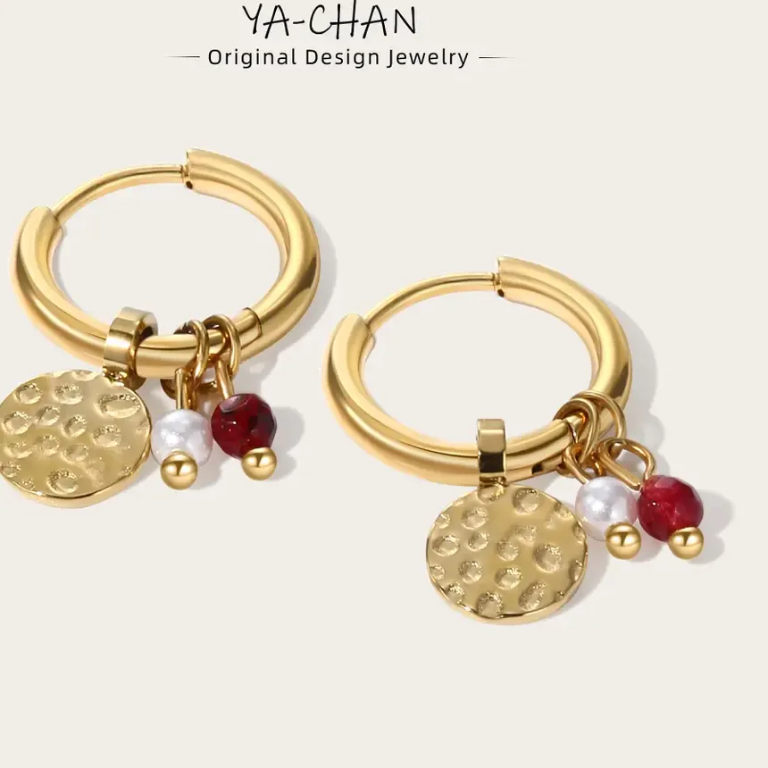 Authentic YACHAN 18K Gold Plated Hoop Earrings for Women Tap Texture Metal Pearl Charms Earring Trendy Jewelry 36