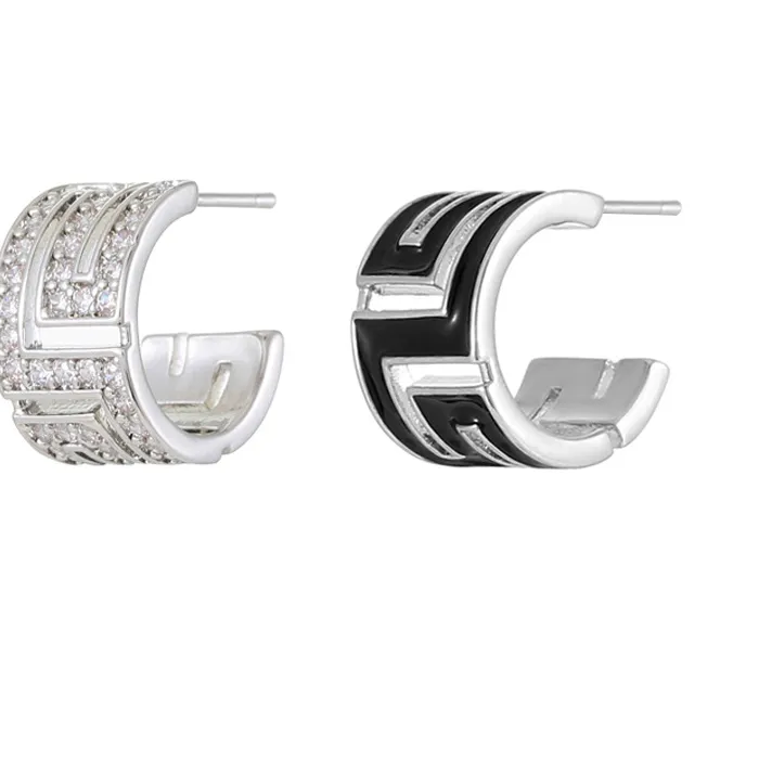 Authentic Asymmetrical Double Style Greek Key Meander Hoop Earrings Minimalist Light Zircon Enamel Jewelry