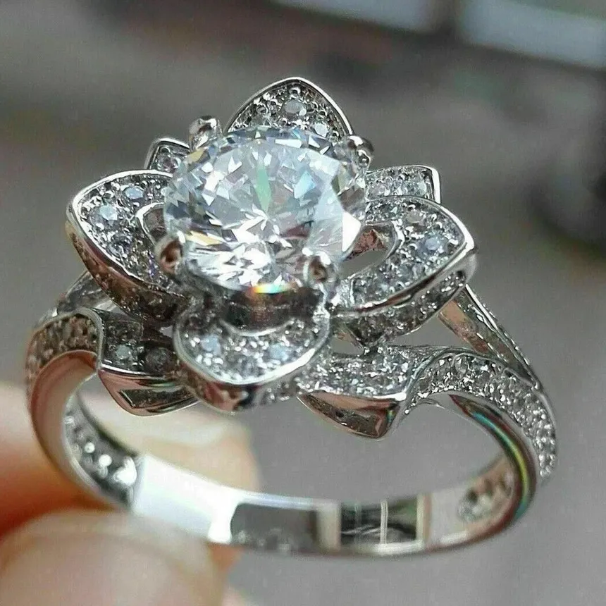 Authentic 3.10Ctw Round Cut Real Moissanite Lotus Engagement Ring 14K White Gold Plated