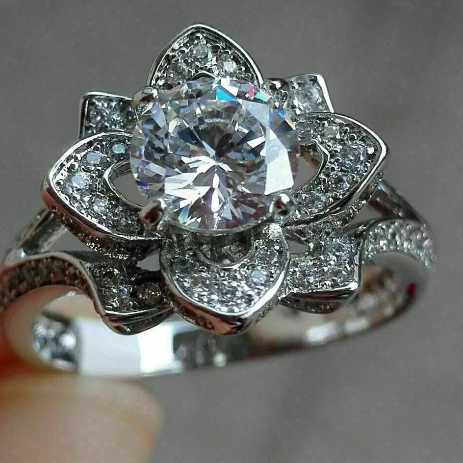 Authentic The Lotus of Eternal Light Moissanite Engagement Ring in 14K White Gold Finish