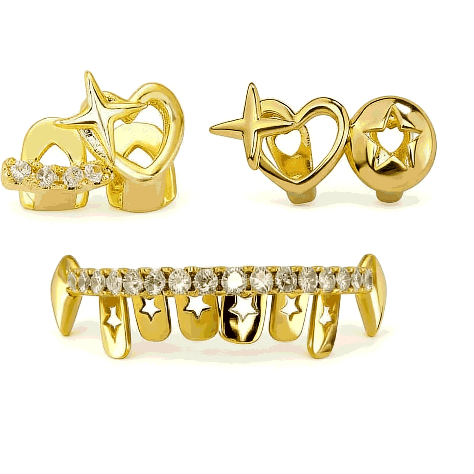 Authentic Gold Star Heart Grillz Teeth Jewelry Hollow Love Design Tooth Cover Hip Hop Mouth Jewelry Bling Accessories