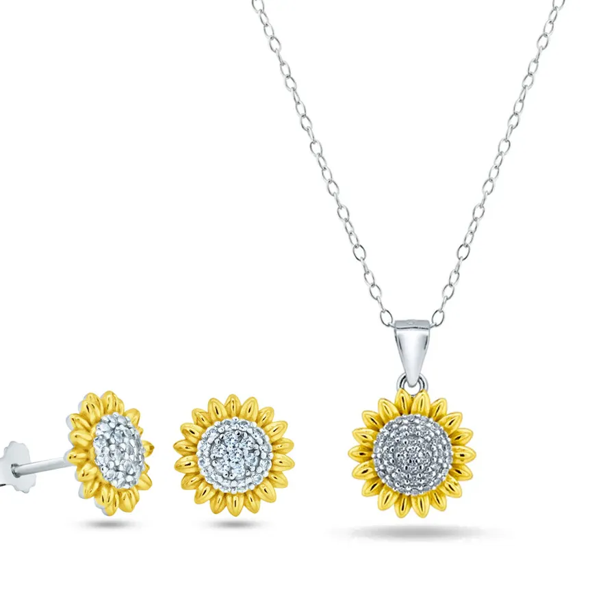 Authentic Womens 14K Gold Plated Sun Flower Pendant Necklace & Earrings Set Cubic