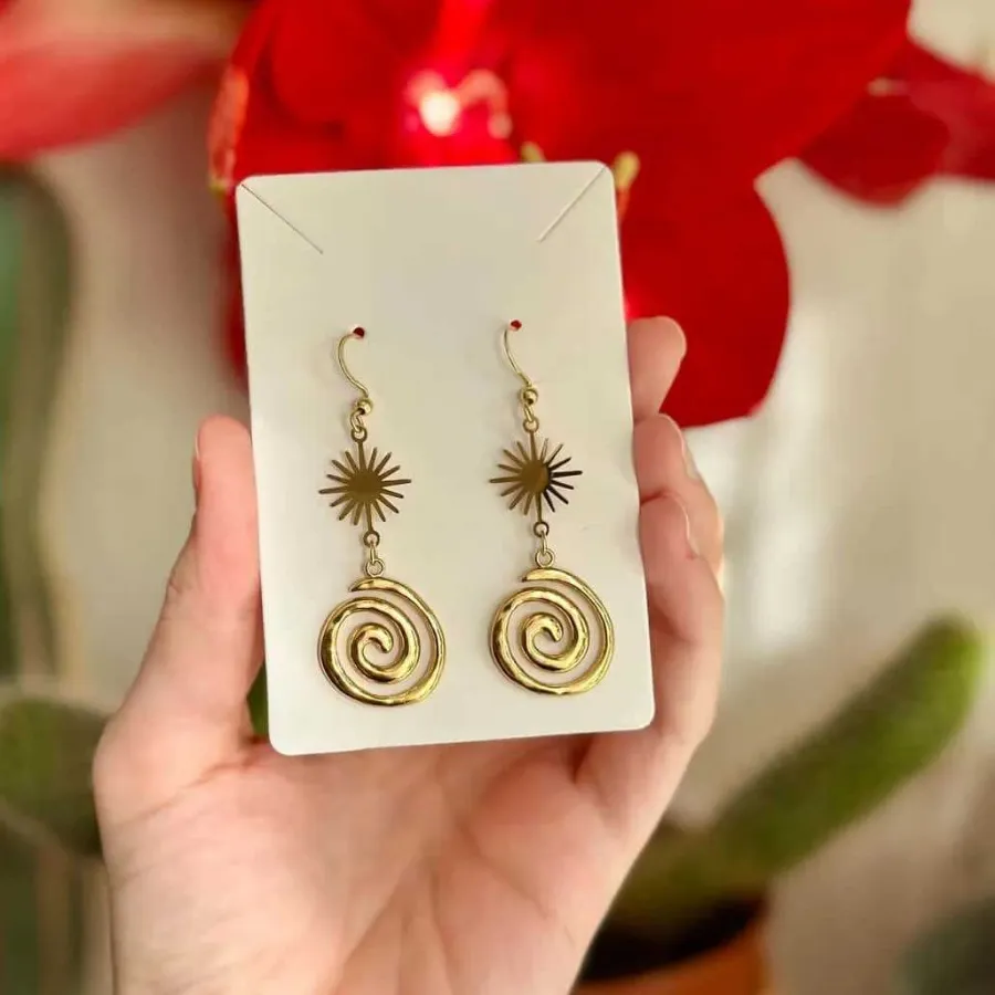Authentic Bohemian Sun Spiral Drop Earrings Gold Tone Starburst Swirl Dangle Earrings Celestial Jewelry
