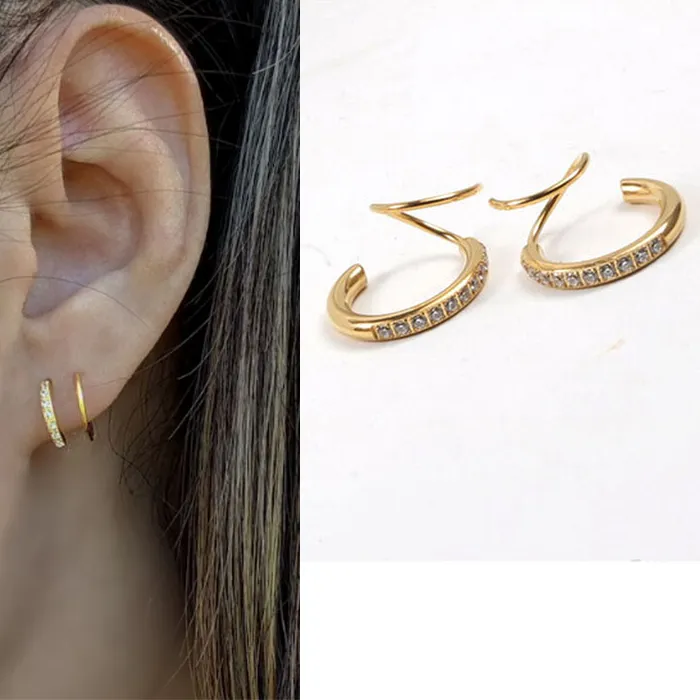 Authentic Fake Double Piercing Hoop Earring With Cz Stone Spiral Earrings Minimalist Jewelry Never Fade Jewelry