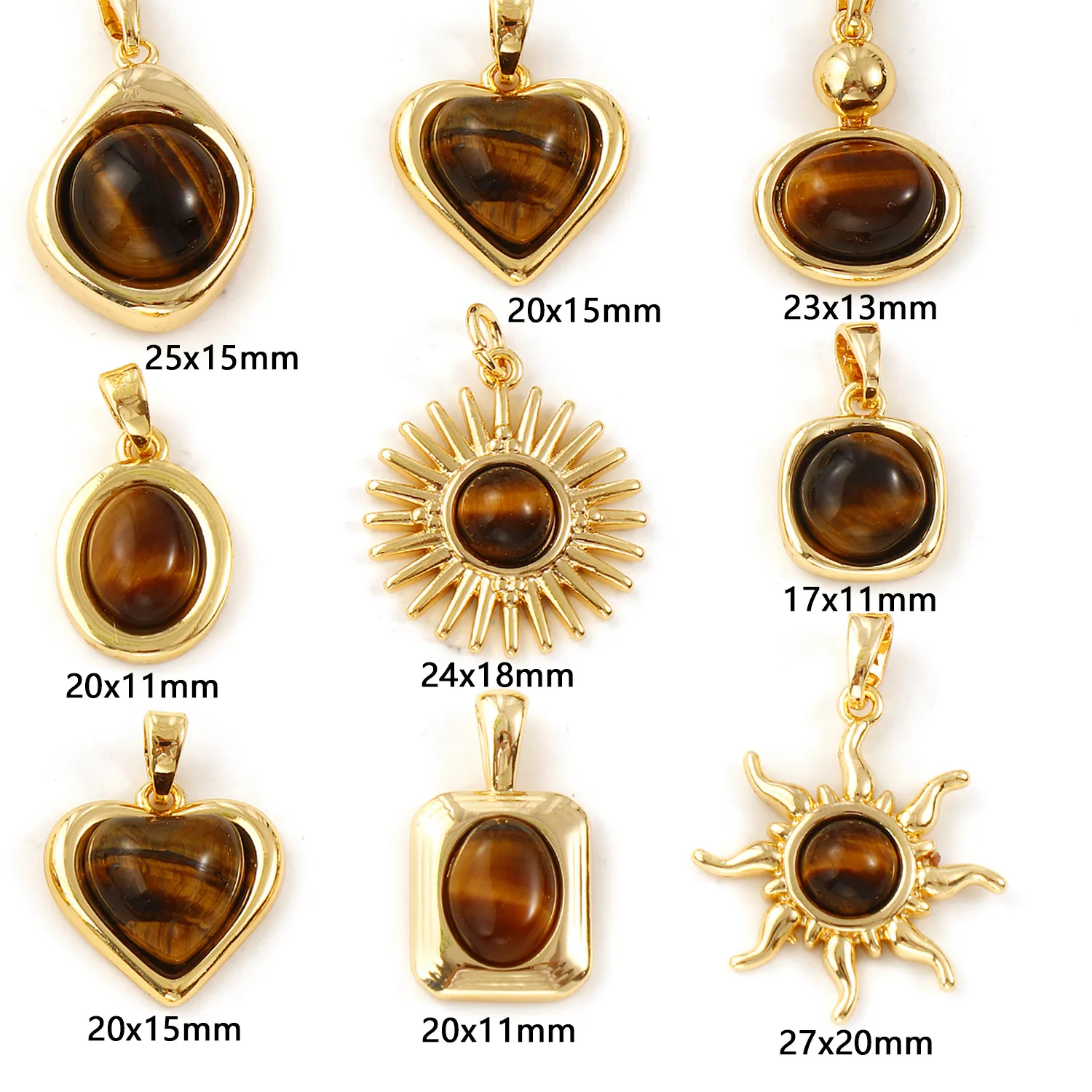 Authentic 1PC Brass & Tiger's Eyes Stone Charms 18K Gold Plated Brown Heart Sun Water Drop Oval Pendants For DIY Keychains Necklace Making