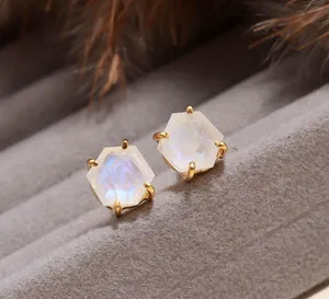 Authentic Natural Moonstone Hexagon Stud Earrings Gold Plated 925 Sterling Silver Jewelry