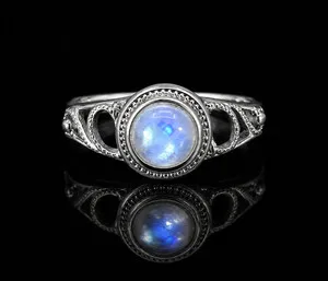 Authentic Vintage Sterling Silver Moonstone Ring Antique Style Blue Adularescence Cabochon