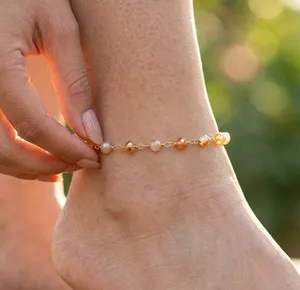 Authentic Moonlit Serenade: 18K Gold Plated Peach Moonstone Anklet