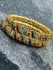 Authentic 2 Pc Gold Plated Navratna Bangles Multicolor Stones Indian Traditional Bracelets