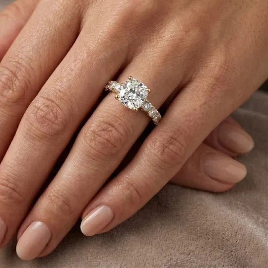 Authentic Moissanite Ring 18k Yellow Gold Plated Cushion Cut 2.75 Ct