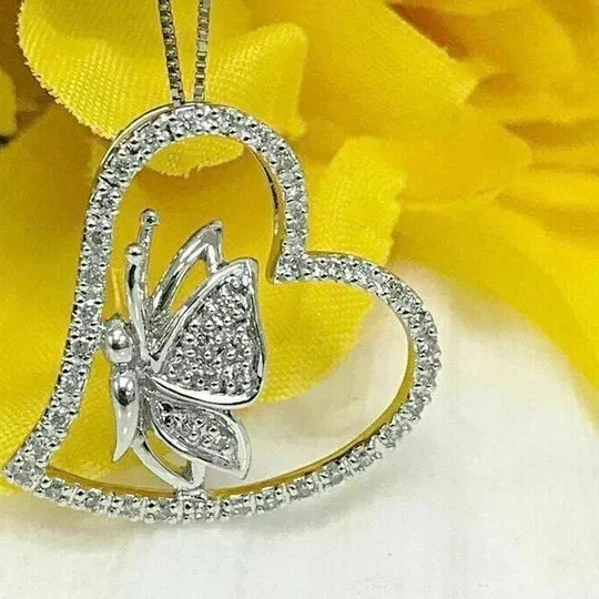Authentic 2.80Ct Round Cut Real Moissanite Heart Butterfly Pendant 14K White Gold Plated