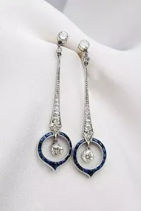 Authentic 2Ct Round Natural Sapphire Vintage Art Deco Style Earrings 14K White Gold Plated