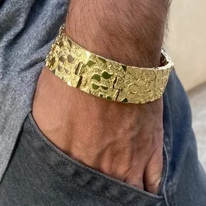 Authentic Men's 14K Gold Plated "Gold Nugget" Heavy Hip Hop Bracelet Big 24MM Thick 8" in
