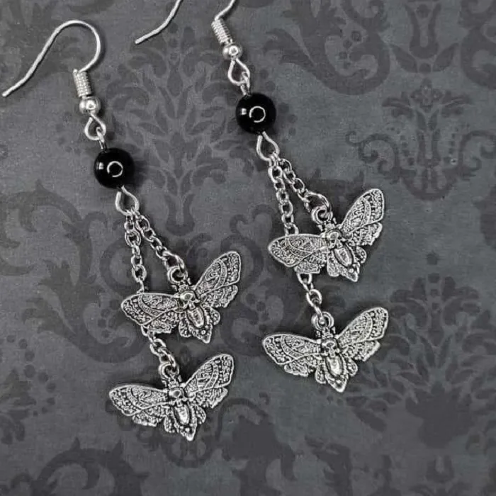 Authentic Skull Moth Earrings, Gothic Jewelry, Black Beads, , Witchcraft Accessories, Pagan, Death Moth, Magic, Ear Hooks Girls