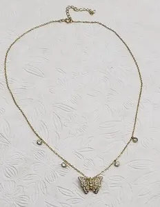 Authentic Gold Plated 925 Sterling Silver Pave Butterfly & Drop Pendant Necklace