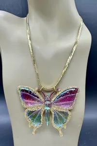 Authentic LARGE CELLULOID RAINBOW IRIDESCENT BUTTERFLY PENDANT GOLD PLATED CHAIN NECKLACE
