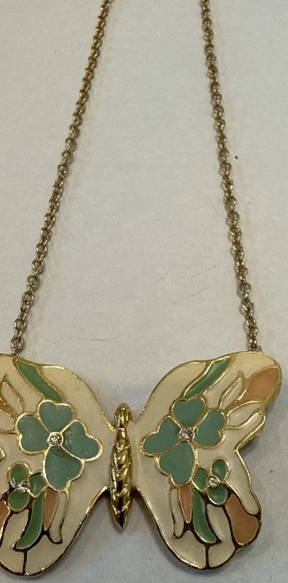 Authentic ART GOLD PLATED & ENAMEL BUTTERFLY Vintage NECKLACE-COSTUME JEWELRY 15”