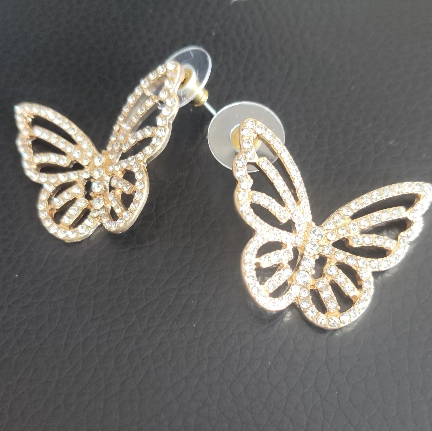 Authentic Gold Plated Clear Rhinestone Butterfly Stud Earrings Pavé Setting Lobe