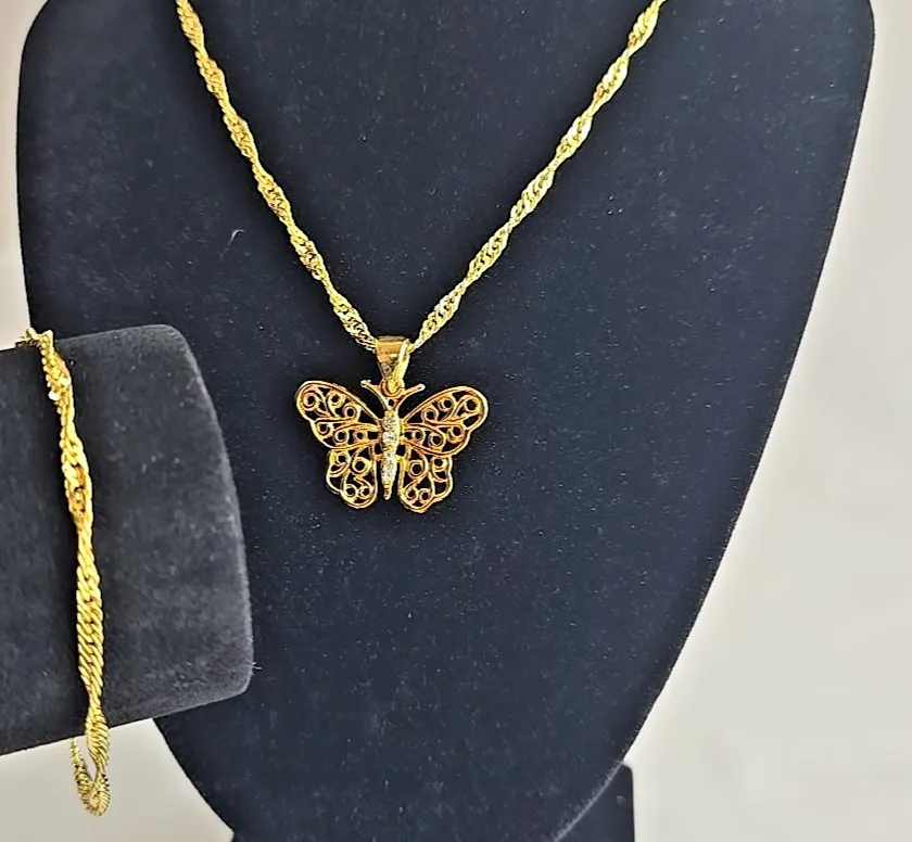 Authentic 14K Gold Plated Twisted Chain Bracelet and Necklace Unmarked Butterfly Pendant