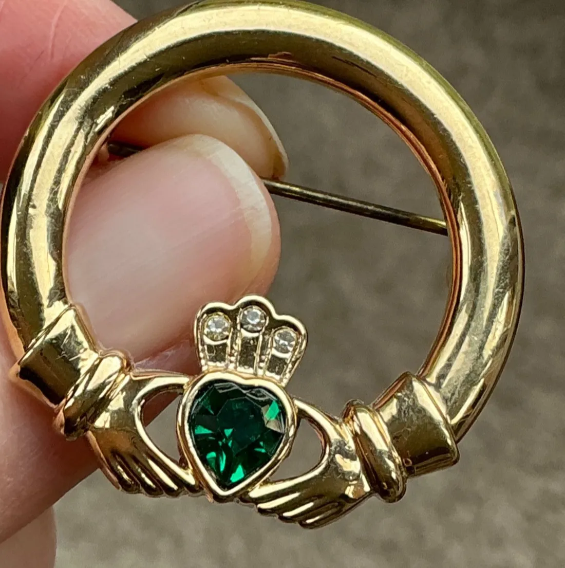 Authentic Vintage Irish Claddagh Brooch, Gold Plated & Green Glass Heart, signed Soldor