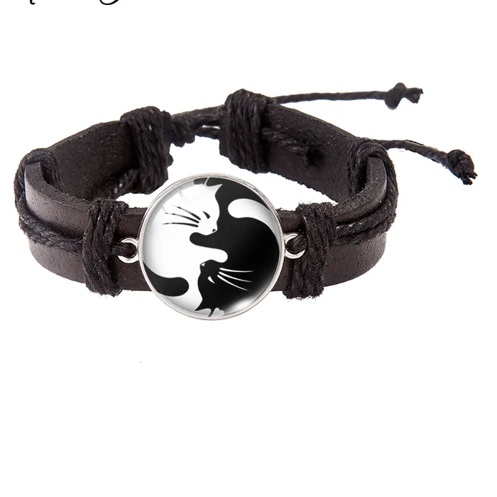 Authentic The Feline Duality Embrace Yin Yang Cat Talisman Leather Wrap