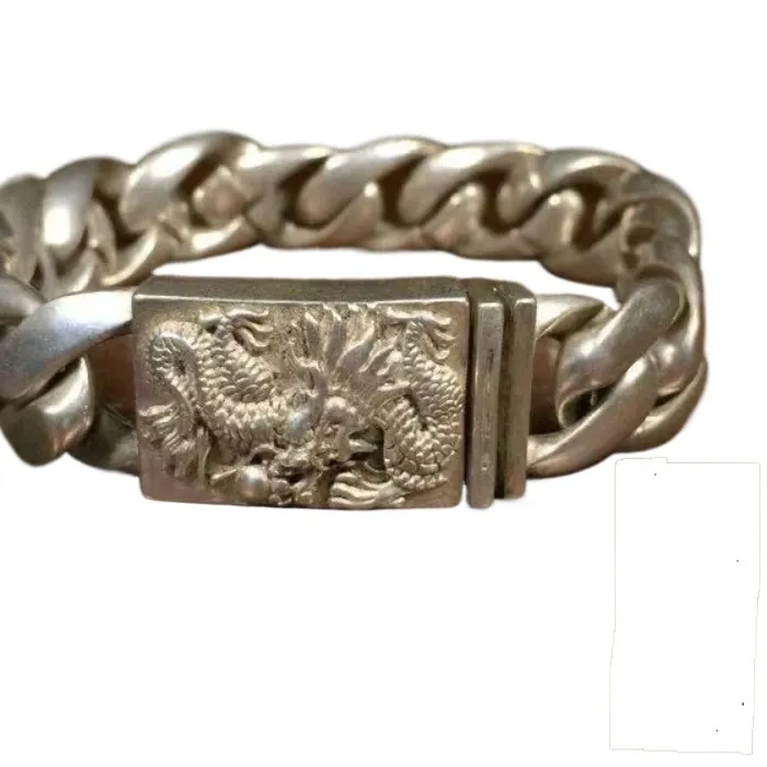 Authentic Exquisite Asian Old Tibet Silver Jewelry Hand Cast Dragon Statue Bracelet Nice