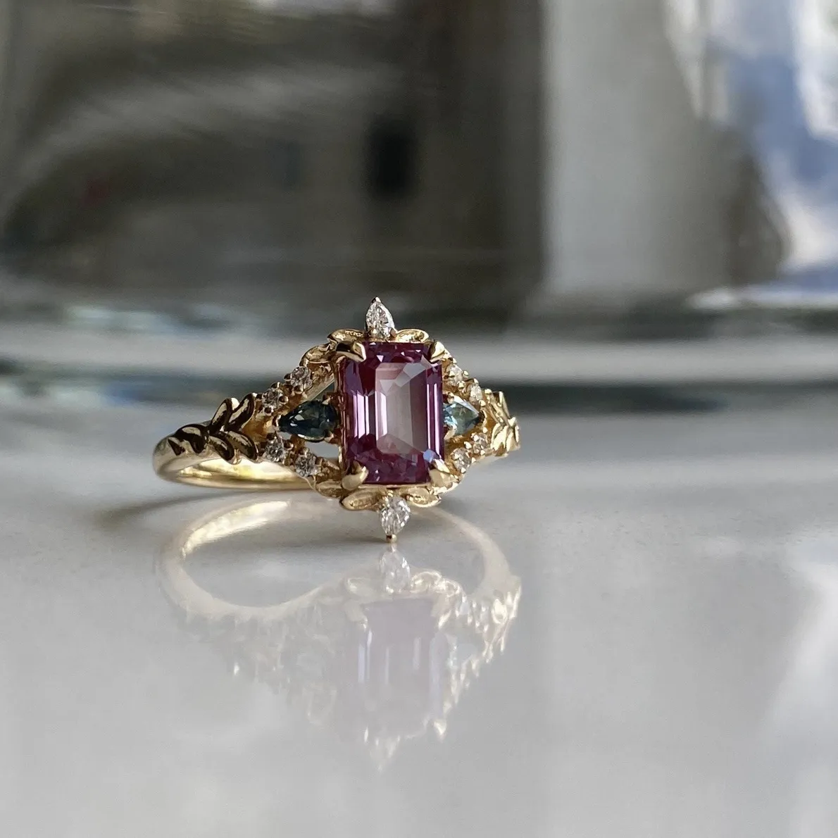 Authentic Purple Gemstone Square Rings Japanese And Glossy Wheat Ear Ring Jewelry