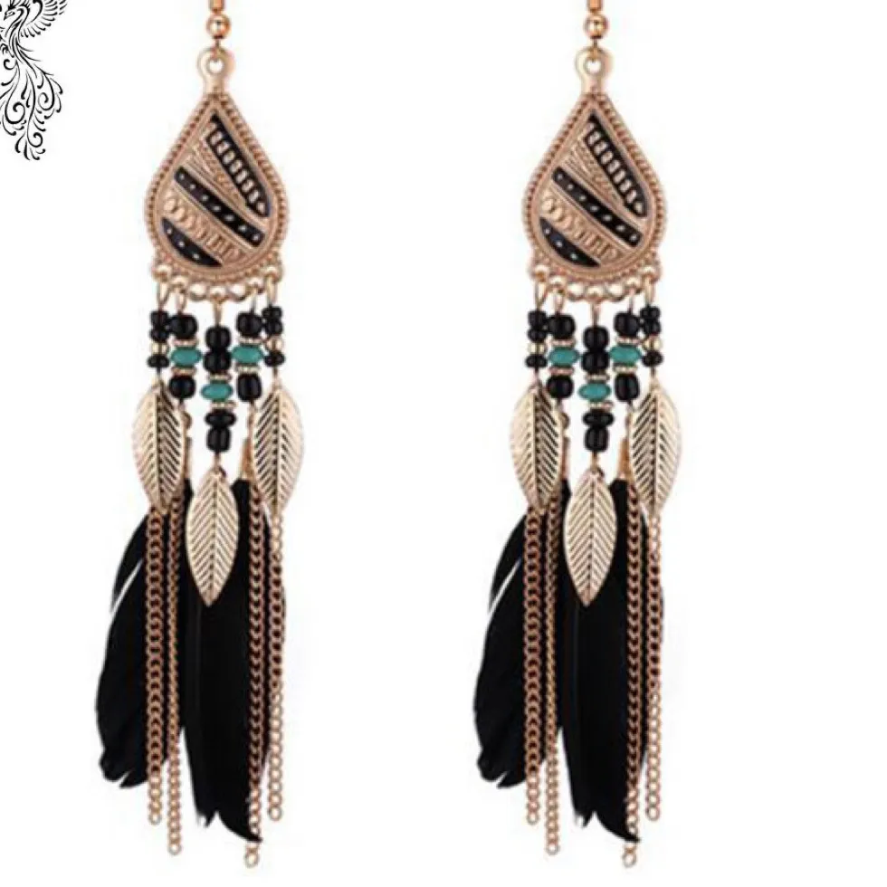 Authentic Gold Plated Black Drop Feather Tassel Earrings 14cm #421