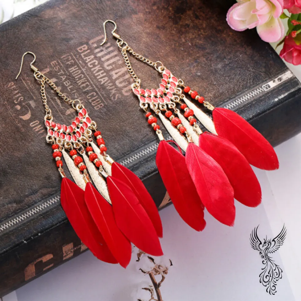 Authentic Crimson Spirit Feather Talisman - Sacred Vitality and Bohemian Radiance Earrings