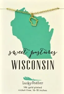 Authentic Wisconsin - Lucky Feather State Necklace 14k Gold Plated State Love