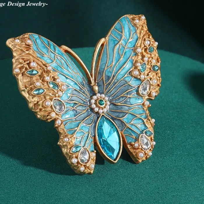 Authentic Large Blue Butterfly Big Cocktail Rings For Woman Crystal Enamel Size 8 Gold Color Jewelry Designers Accessories