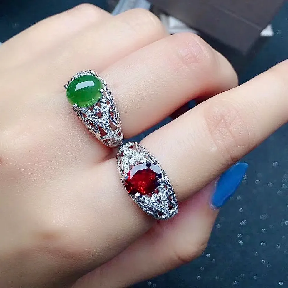 Authentic Twin- Stone Amulet Of The Heart Garnet And Jade Ring In Solid 925 Silver