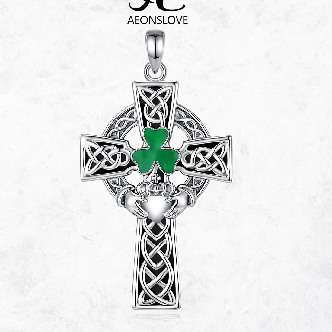 Authentic Aeonslove Celtic Knot Cross Necklace Obsidian Shamrock Clover Claddagh Pendant Amulet Irish Jewelry