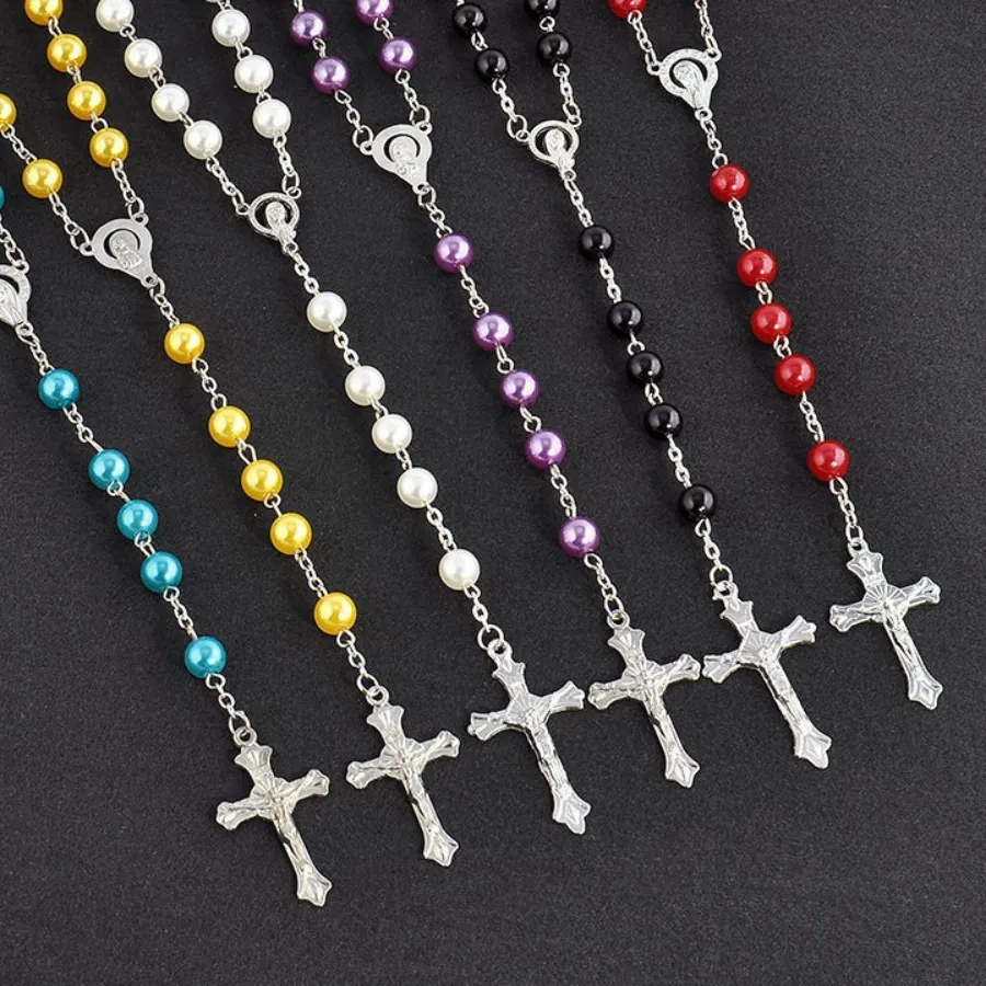 Authentic Religion Christian Faux Pearl Rosary Necklace Virgin Mary Jesus Cross Pendant Long Beads Chains Jewelry