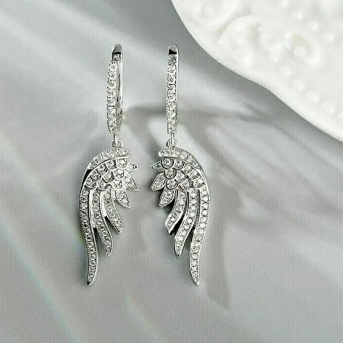 Authentic Wings of Illumination Moissanite Feather Hoop Earrings in 14K White Gold Finish