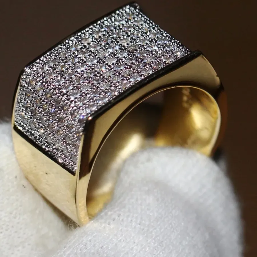 Size 8- 13 Classic Pave Setting White 5A Zirconia Cz Jewelry 10Kt Gold Filled Geometric Trapezium Band Finger Ring