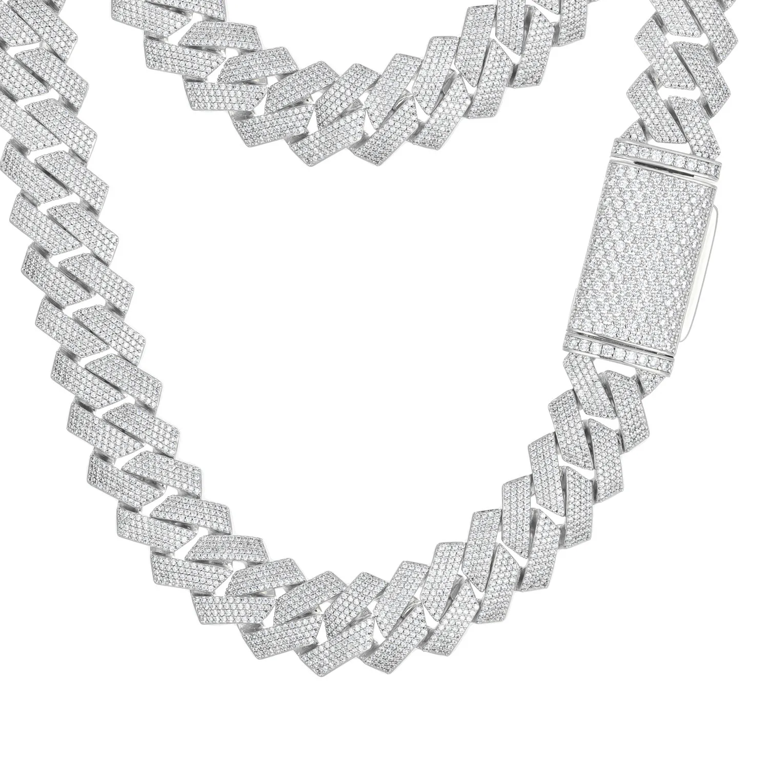 Authentic Thick Pt950 Platinum Necklace Features 20Mm Chain And Four- Row Rhombus Layout, Clear Artificial Diamonds Enhance Street