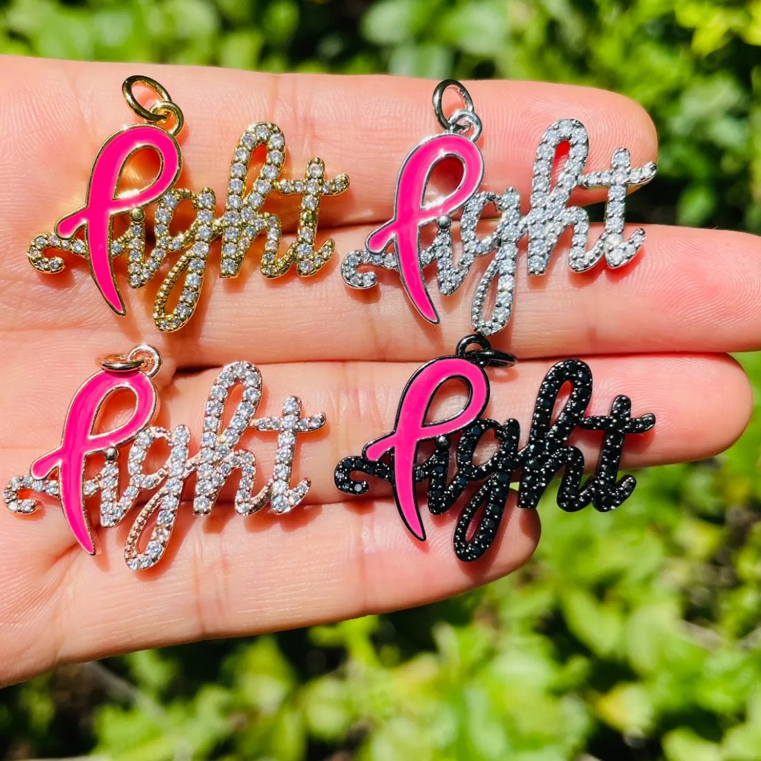 Authentic 5Pcs Fight Word Charms Bracelet Making Letter Pendant Necklace Pink Ribbon Breast Cancer Awareness Jewelry Finding Diy
